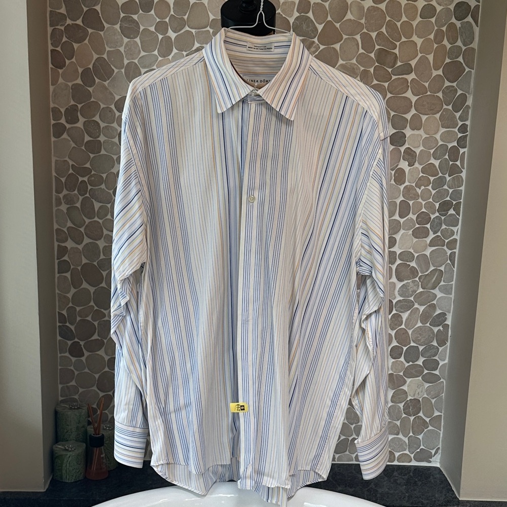 Linea Dome Men's Blue White Yellow Striped Dress Shirt 17 1/2-18